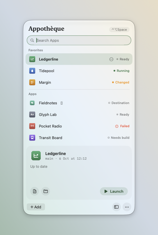 The launcher: favourites and apps with their state, and the selected app with its Launch button