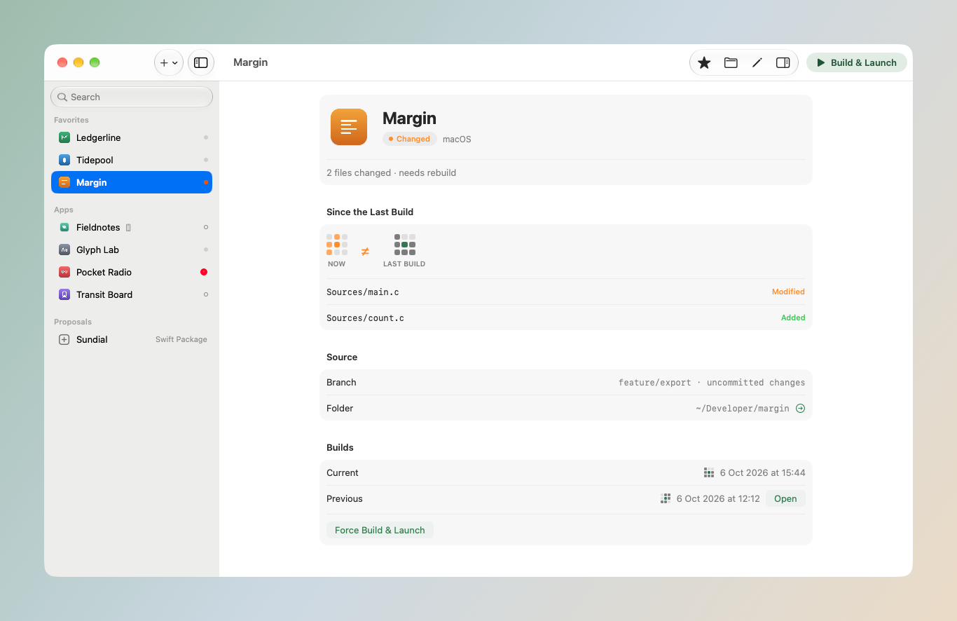 The Appothèque window: an app whose code changed, the fingerprints of the two builds and the files modified since the last one